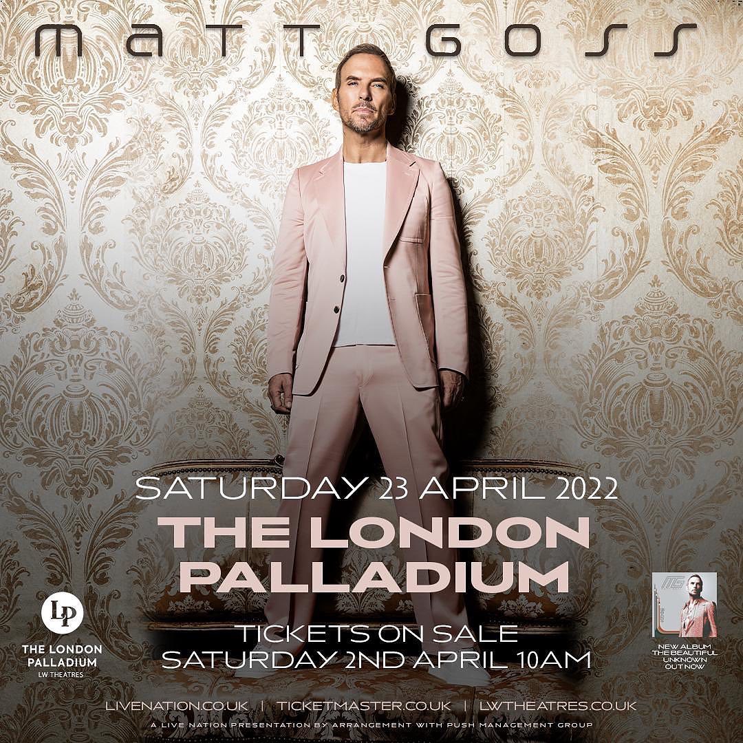 Repost• @mattgoss So excited to be playing The London Palladium on Saturday, April 23rd 🔥

Tickets are first come, first served and go on sale at 9:00am tomorrow morning

Don’t miss this show!!

#mattgoss #bros #londonpalladium #newmusic #music #singer #london #songwriter #singersongwriter #instamusic #musician #musicartist #musiciansofinstagram #musicbusiness #musicindustry #liveshow #newalbum #newsingle #somewheretofall #betterwithyou #thebeautifulunknown #saved
